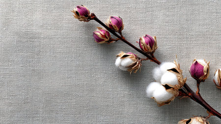 A close-up captures a cotton branch with delicate buds and opened flowers. The soft white cotton contrasts with the vibrant purple buds and the textured gray backdrop. The composition is simple, with natural lighting and copy space available, suitable for various design and advertising needs.の素材