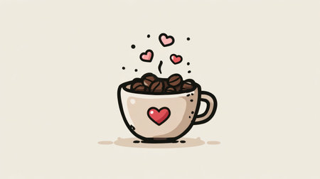An illustration depicts a coffee cup overflowing with coffee beans and floating hearts. The simple style features a white cup with a red heart, set against a cream background. This image is suitable for various commercial uses, including advertisements, websites, or print materials.の素材
