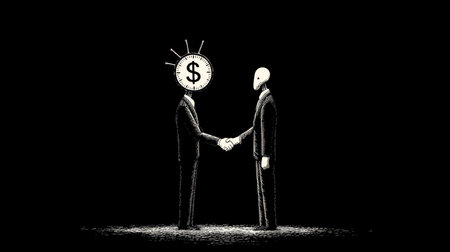 An illustration depicts two figures in suits shaking hands against a dark background. One figure's head is replaced with a clock-dollar sign combination, symbolizing time and money. The grayscale palette creates a somber mood, the minimal style emphasizes the concept. This image is suitable for discussing finance, business, and economic themes.の素材