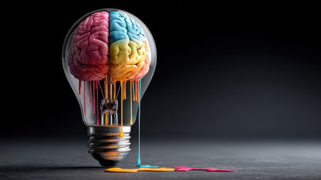 A vibrant image presents a human brain, segmented into four colors, contained within a light bulb. The visual style features bright hues with dripping paint effects. The composition is set against a dark background, suggesting a studio or abstract environment, suitable for various editorial and promotional purposes.の素材