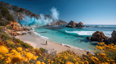 This scenic coastal image features a sandy beach with turquoise water and rolling waves. The composition includes rock formations, lush vegetation, and a bright blue sky. The scene is bathed in sunlight, suggesting a pleasant outdoor setting suitable for various commercial and editorial applications.の素材