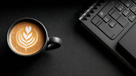 A close-up view presents a coffee cup with latte art next to a laptop keyboard. The cup is black, with a creamy brown beverage. The arrangement is set on a dark, textured surface, possibly indoors. The scene suggests themes of work, study, or relaxation and can be used for diverse commercial purposes.の素材