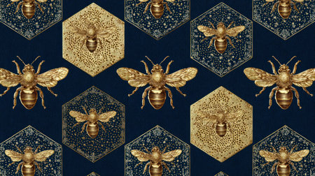 A repeating pattern showcases golden bees within hexagonal tiles. The composition features a symmetrical arrangement set against a navy blue backdrop. The illustration incorporates detailed textures and a subtle gradient creating a sophisticated design. Suitable for various design projects and commercial applications.の素材