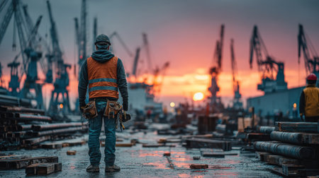 A construction worker stands, observing an industrial harbor during a sunset. The image displays a construction worker in an orange vest with tool belt. Cranes are silhouetted against a fiery sky. The composition emphasizes depth, with stacked construction materials in the foreground. Suitable for editorial and commercial applications.の素材