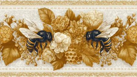 This image presents a decorative illustration showcasing bees and floral elements. The composition features a symmetrical arrangement with detailed depictions of insects, flowers, and honeycombs. The color palette includes shades of gold and brown, and it is suitable for various design applications, potentially for decorative art or print.の素材