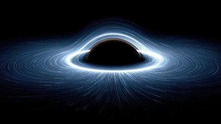 An artistic depiction of a black hole dominates the composition. Surrounding the dark center are bright, luminous streams of energy, forming a dynamic pattern against a dark backdrop. The visual style features a digital, possibly computer-generated aesthetic, ideal for illustrating science, space, and theoretical concepts. This image may be suitable for editorial and commercial projects.の素材