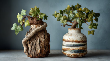Two artistic vases hold vibrant green plants, showcased against a muted, textured backdrop. The vessels feature contrasting textures of wood and ceramic, while the foliage adds a lively touch. This composition presents a natural and decorative element, suitable for various design applications and commercial projects.の素材
