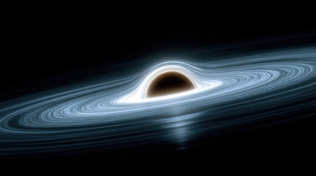 A digital illustration shows a black hole at the center with a swirling accretion disk. The composition features a celestial backdrop with glowing blue and orange hues. The style is illustrative, suggesting a scientific concept. Ideal for educational materials and presentations on astronomy and astrophysics.の素材