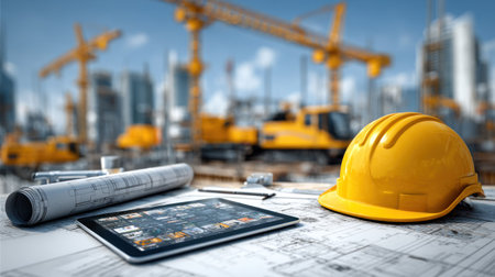 A yellow safety helmet and digital tablet rest on a blueprint, positioned prominently in the foreground. Construction cranes and machinery are visible in the background against a blurry urban environment. The image uses a shallow depth of field, with soft focus and natural lighting. Suitable for commercial projects or editorial illustrations related to building.の素材