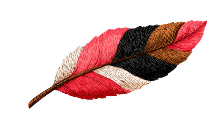 This image showcases a detailed illustration of a feather, featuring a vibrant array of colors. The composition highlights the intricate textures and patterns. The lighting suggests a bright setting. Suitable for various design projects, it could be used in editorial or commercial applications.の素材