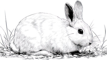 A detailed illustration depicts a rabbit in a natural outdoor setting. The artwork features a black and white color palette, with intricate linework showcasing the animal's fur and the surrounding grass. The composition suggests a serene moment, possibly suitable for various commercial and editorial applications.の素材