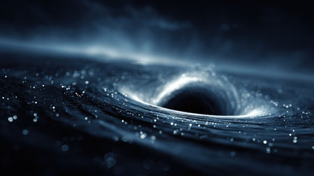 An artistic depiction presents a black hole in a vast cosmic expanse. The composition features deep blues and glowing white energy, creating a visual contrast. The scene implies a dynamic, mysterious environment with a sense of depth and scale, which may be applicable for scientific, educational, and creative content.の素材