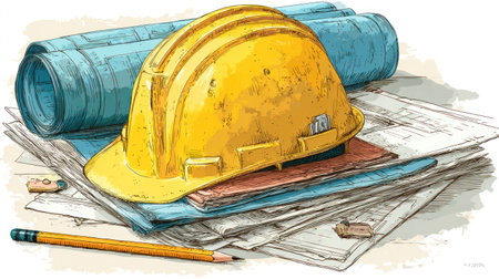 A vibrant illustration showcases a yellow construction helmet resting atop a stack of blueprints. The image displays a detailed drawing style with a variety of textures and colors, suggesting design and construction concepts. This artwork is suitable for editorial projects, promotional materials, or various commercial applications within the architecture and engineering fields.の素材