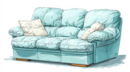 An illustration features a turquoise sofa with soft, puffy cushions and pillows. The composition has a clean, simple style, with an overall sense of comfort. The lighting appears soft and even, highlighting the textures of the sofa. This image may be suitable for use in home decor or interior design projects.の素材