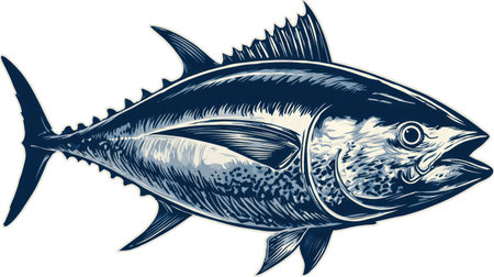 This image features a detailed illustration of a tuna fish, showcasing its anatomy and form. The artwork utilizes dark blue and white tones to emphasize the textures and scales of the subject. Suitable for commercial and editorial purposes, the artwork is clean and detailed with a neutral background.の素材