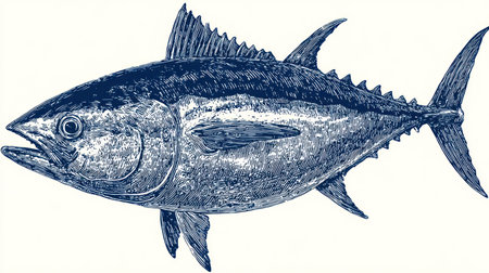 This detailed illustration depicts a tuna fish in profile. The artwork uses shades of blue and white, showcasing textures and anatomical details. The composition is simple, set against a plain background. Suitable for educational materials, scientific publications, or commercial designs, the image provides clear visual information.の素材