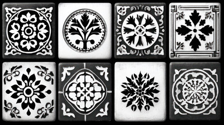 Eight black and white tiles showcase varied decorative patterns. The square tiles are arranged in a grid, featuring floral and geometric designs. The image employs strong contrast with a flat, overhead lighting style. Suitable for graphic design projects and various visual communication needs.の素材