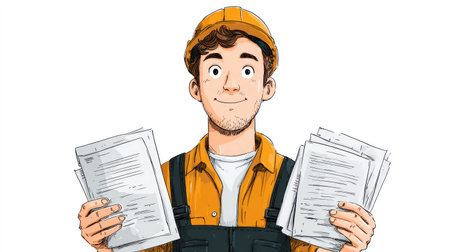 A construction worker wearing a yellow hard hat and overalls is depicted holding stacks of documents. The illustration presents a clean, simple style with bright colors and a neutral background. This image could be used in promotional materials, educational resources, or articles related to construction and engineering.の素材