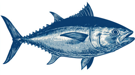 A detailed illustration presents a tuna fish rendered in varying shades of blue. The artwork showcases the fish's form, fins, and scales, set against a plain white backdrop. This image may be suitable for commercial use in areas such as educational materials, seafood-related publications, and graphic design projects.の素材