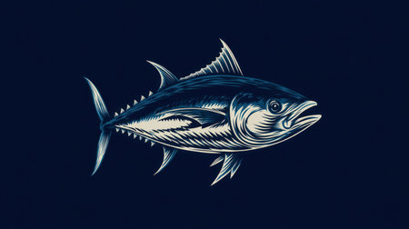 This image features a detailed illustration of a tuna fish against a dark blue background. The artwork displays intricate line work creating texture and depth. The composition focuses on a single subject. This image may be used for various commercial or editorial applications such as graphic design or educational material.の素材