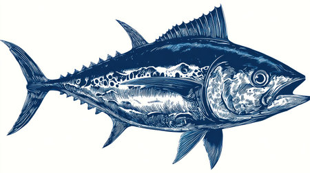 This image presents a detailed illustration of a tuna fish, rendered in shades of blue. The artwork exhibits a detailed style, with visible textures and a clear outline. The fish is isolated against a white backdrop, enhancing the graphic clarity. This imagery is potentially suitable for commercial and editorial purposes.の素材