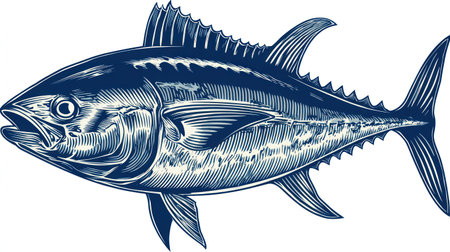 This detailed illustration depicts a tuna fish, showcasing intricate line work and a monochromatic blue color palette. The image presents the fish in a profile view, highlighting its features against a clean white backdrop. Suitable for various design projects, including educational materials, commercial illustrations, and editorial content.の素材