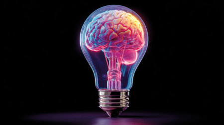 This conceptual artwork features a realistic human brain model encased within a light bulb. The brain is lit with vibrant shades of pink and orange. The image utilizes dramatic lighting against a black background. Suitable for science, education, or technology related projects.の素材