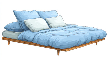 An illustrated bed featuring light blue blankets and pillows is shown on a white background. The soft textures and clean lines suggest a comfortable environment. The lighting is diffused, and the composition is simple. Suitable for use in a variety of visual projects, including those related to interiors and design.の素材