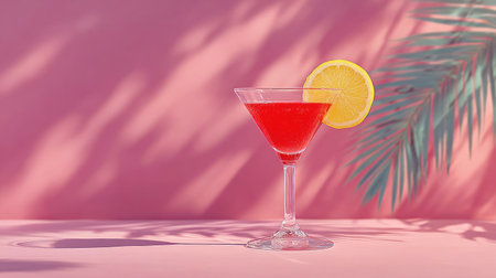 A vibrant cocktail is presented against a soft pink backdrop, adorned with a lemon garnish. Palm frond shadows add a layer of texture and depth. The composition evokes refreshment and leisure. This image may be suitable for use in promotional material related to beverages, hospitality, or lifestyle themes.の素材