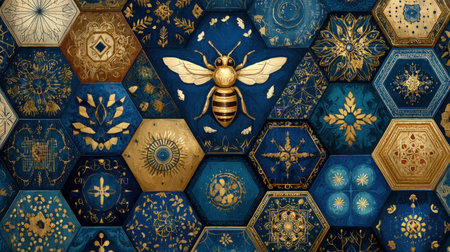 This image presents a stylized bee positioned centrally on a background composed of hexagonal tiles. The artwork showcases a combination of navy blue and gold hues. It features ornamental designs within each tile, suggesting a possible design for textiles or decorative art. The composition suggests potential applications in design or editorial projects.の素材
