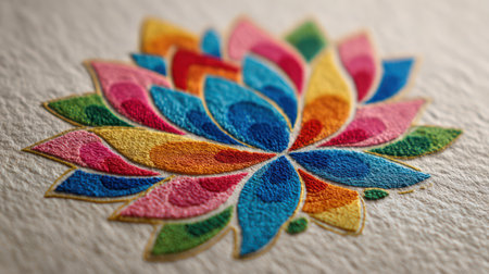 A close-up view presents a vibrant, embroidered floral design. The artwork features an array of colors including blues, greens, oranges, and pinks. The texture suggests a handmade element, set against a neutral, textured background. The image could be used for various design projects and illustrative purposes.の素材