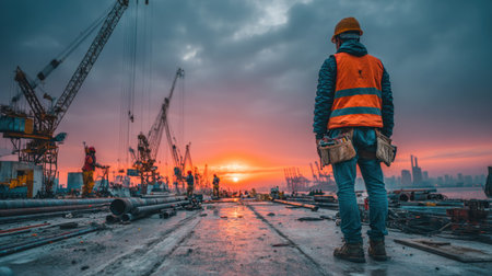 A construction worker stands in silhouette, observing a harbor. The scene displays a variety of cranes and industrial elements. The composition features vivid colors, reflecting the sunset's warm hues across the sky and water. This image could be suitable for illustrating themes related to construction, industry, and infrastructure projects.の素材