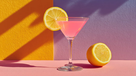 A cosmopolitan cocktail is presented with a lemon slice garnish against a colorful backdrop. The image showcases a clear glass with a pink drink. The vibrant composition features contrasting orange, purple and pink hues, possibly suggesting a studio setting. This image could be used for lifestyle, culinary, or promotional purposes.の素材