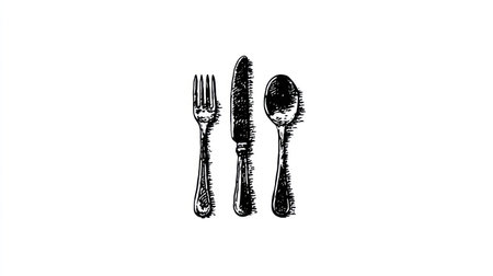 This black and white illustration showcases a set of cutlery, including a fork, knife, and spoon. The artwork features a hand-drawn, textured style with visible brushstrokes. The composition is simple, set against a plain white background, and suggests a clean and minimalist aesthetic, suitable for various editorial and design applications.の素材