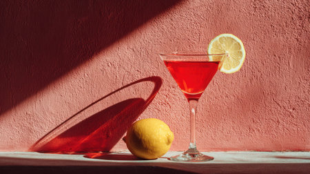 A vibrant cocktail sits on a surface against a red backdrop. The drink, garnished with a lemon slice, is illuminated by sunlight. A curved shadow accentuates the composition, adding visual interest. This image is suitable for promotional materials, bar menus, or general beverage advertising.の素材