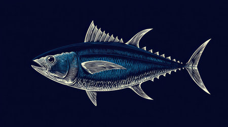 This image presents a detailed illustration of a tuna fish against a dark blue background. The artwork features shades of blue and white, with intricate detailing of scales, fins, and body structure. This composition, with its clean lines and contrasting colors, is suitable for educational materials or commercial design projects.の素材