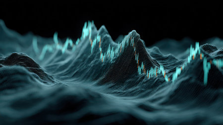 An abstract digital illustration presents data visualization as a series of mountain-like formations. The artwork features a dark background, with the mountains rendered in shades of blue and teal. The composition utilizes blur and soft focus to enhance the depth and ethereal quality, suggesting a digital or technological environment. Suitable for various business and editorial applications.の素材