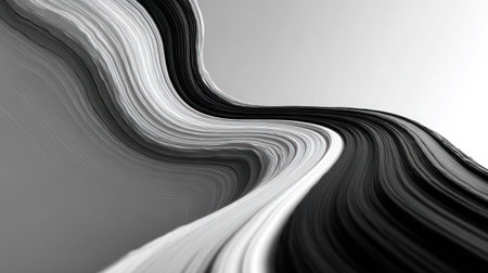 This abstract composition presents flowing lines in varying shades of gray and white. The curves and contrasts create a dynamic visual effect, suggesting movement and depth. The artwork, which could be used for backgrounds or design elements, is suitable for commercial and editorial applications.の素材