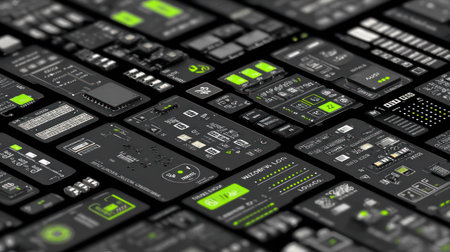 An overhead view reveals a complex digital interface design. The composition features numerous rectangular panels arranged densely across a dark background, each displaying intricate data visualizations in shades of gray and black. Neon green accents highlight key elements. This futuristic graphic is suitable for technology, data, or design-related projects.の素材