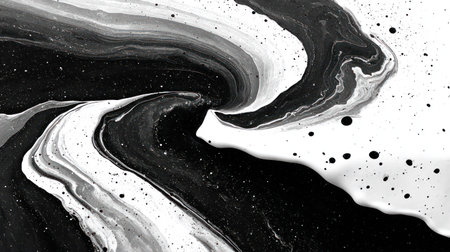 An abstract artwork showcases a flowing, swirling pattern of black and white ink. The image presents a dynamic composition with a range of tones and textures, suggesting depth and movement. Ideal for use as a background or design element in various commercial and editorial applications.の素材