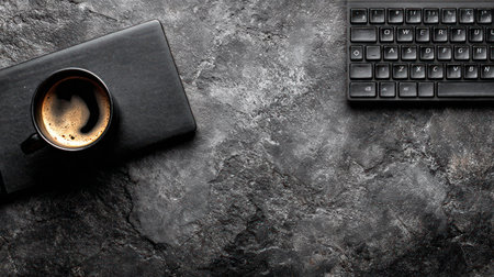 A top-down composition presents a black coffee cup alongside a closed book and a keyboard. The dark color scheme is contrasted by the coffee's light crema, with the objects placed on a textured, grey surface. This imagery suits various commercial and editorial applications, offering a modern aesthetic.の素材