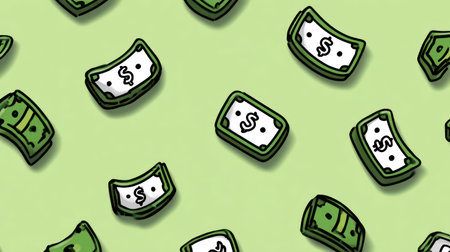 This image presents a repeating pattern of cartoon cash bills against a light green backdrop. The illustration uses bold outlines and simple shading, with a focus on green and white colors. The composition is evenly spaced, suggesting a digital design suitable for various applications, including financial or economic themes.の素材