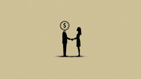 This conceptual illustration depicts two silhouettes shaking hands, symbolizing a business agreement. The man's head is replaced with a clock featuring a dollar sign, emphasizing time's monetary value. The minimalist style uses a neutral color palette. This image could be utilized for various commercial and editorial projects.の素材