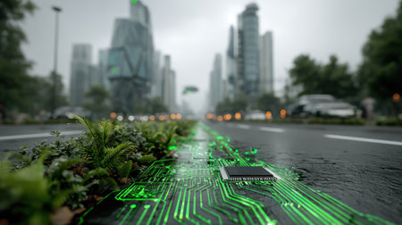 An image showcases a city street integrated with electronic circuitry and lush green plants. The foreground features a close-up of the circuit embedded in the road with vibrant greenery, leading to a blurred cityscape backdrop. The composition uses soft lighting and a modern aesthetic, suitable for projects exploring technology and environment.の素材
