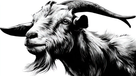 A detailed monochrome illustration depicts a goat with a prominent beard and curved horns. The image showcases textures, with variations in light and shadow. The goat is set against a clean white backdrop, creating a high-contrast aesthetic suitable for various design applications and commercial purposes.の素材