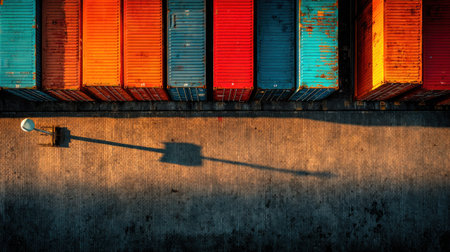 An overhead shot reveals a row of vividly colored shipping containers. The containers exhibit diverse shades like teal, orange, red, and blue. The composition highlights textures and patterns, while a light pole casts a long shadow. This image is suitable for various commercial uses related to logistics, business, and design.の素材