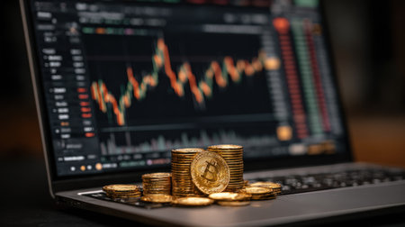 A close-up image showcases a laptop displaying a cryptocurrency trading chart next to a stack of gold coins. The composition utilizes shallow depth of field, focusing on the foreground coins and the screen's data visualization. The lighting is soft and ambient, suggesting an indoor setting appropriate for financial analysis, potentially suitable for editorial or promotional material.の素材