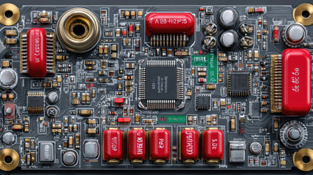 This image showcases a detailed view of a circuit board, filled with various electronic components. The composition presents a complex arrangement of chips, connectors, and resistors, featuring a dark background and a focus on technical design. It is suitable for technology, engineering, or design-related projects and visual materials.の素材