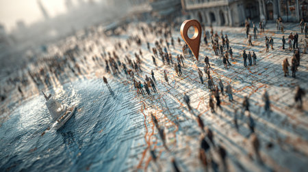 A top-down view visualizes a large crowd of people with a map pointer icon. The image uses a shallow depth of field, with soft focus on the individuals. The color palette leans towards a cool, desaturated aesthetic. This composition might be useful for depicting concepts related to location, guidance, or travel.の素材
