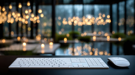 A close-up captures a computer keyboard and mouse on a dark desk. The background is a soft blur of a dining area with warm lighting, suggesting an evening scene. The composition highlights technology against a backdrop of elegance, suitable for various commercial uses.の素材